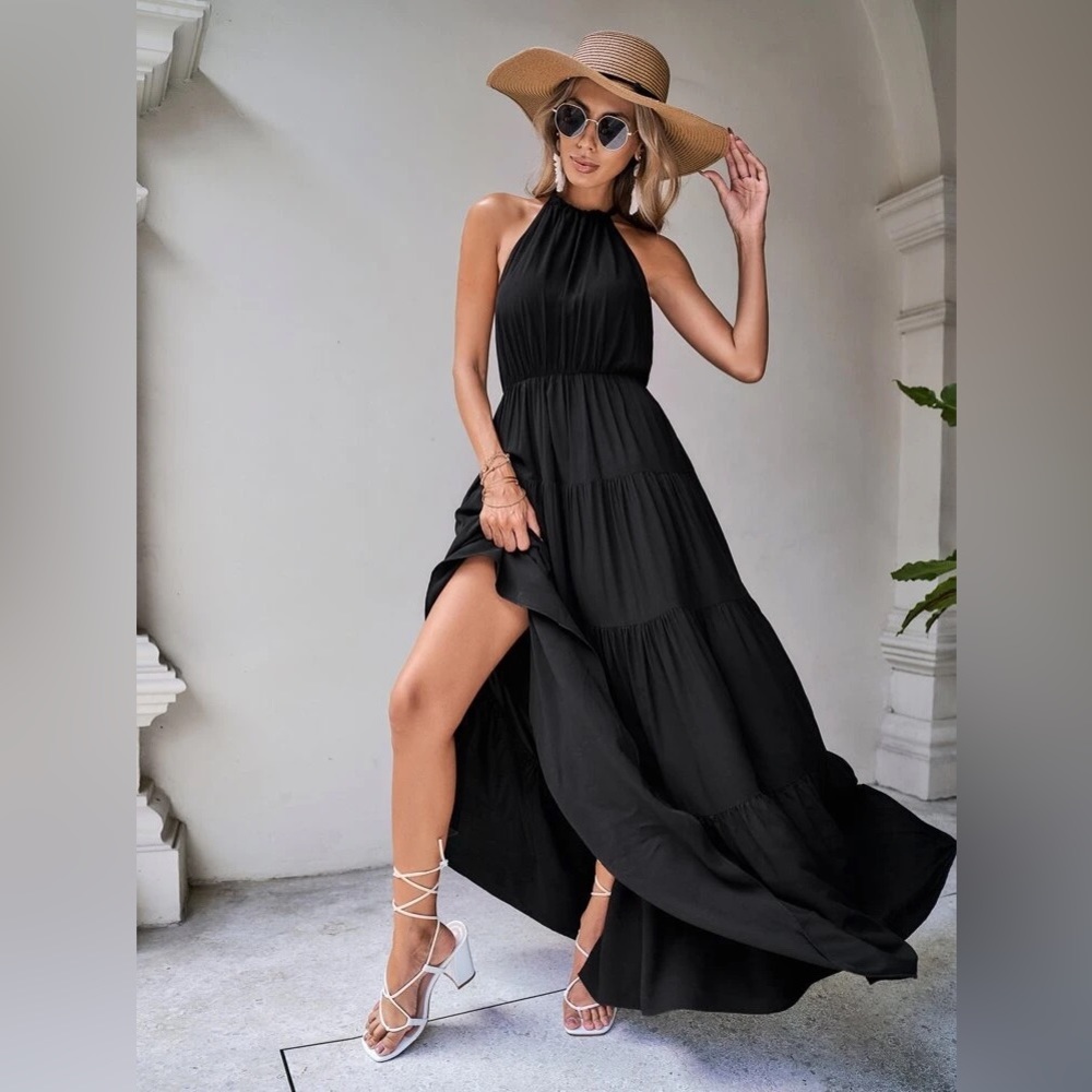 Solid Tie Backless Ruffle Hem Halter Dress - Picture 4 of 13